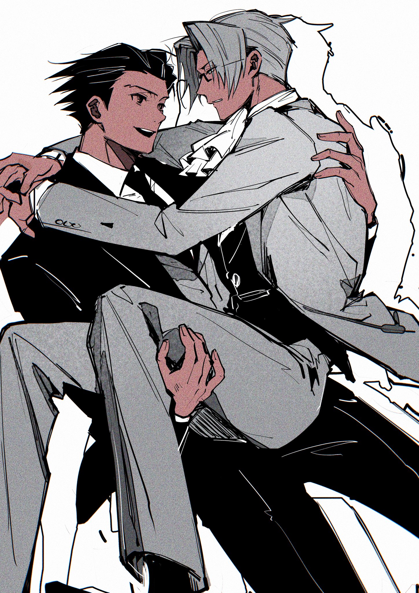 c138300, miles edgeworth, phoenix wright, ace attorney, highres, 2boys, ascot, bespectacled, black-framed eyewear, black hair, black jacket, black necktie, black pants, black socks, black suit, brown eyes, carrying, carrying person, clenched teeth, collared shirt, dutch angle, feet out of frame, formal clothes, glasses, grey hair, grey jacket, grey pants, grey suit, grey vest, hair slicked back, jacket, lapels, layered sleeves, long sleeves, male focus, multiple boys, necktie, open clothes, open jacket, open mouth, pants, parted hair, princess carry, profile, shirt, short sideburns, sketch, smile, socks, suit, suit jacket, teeth, upper teeth only, vest, white background, white shirt, wing collar, yaoi