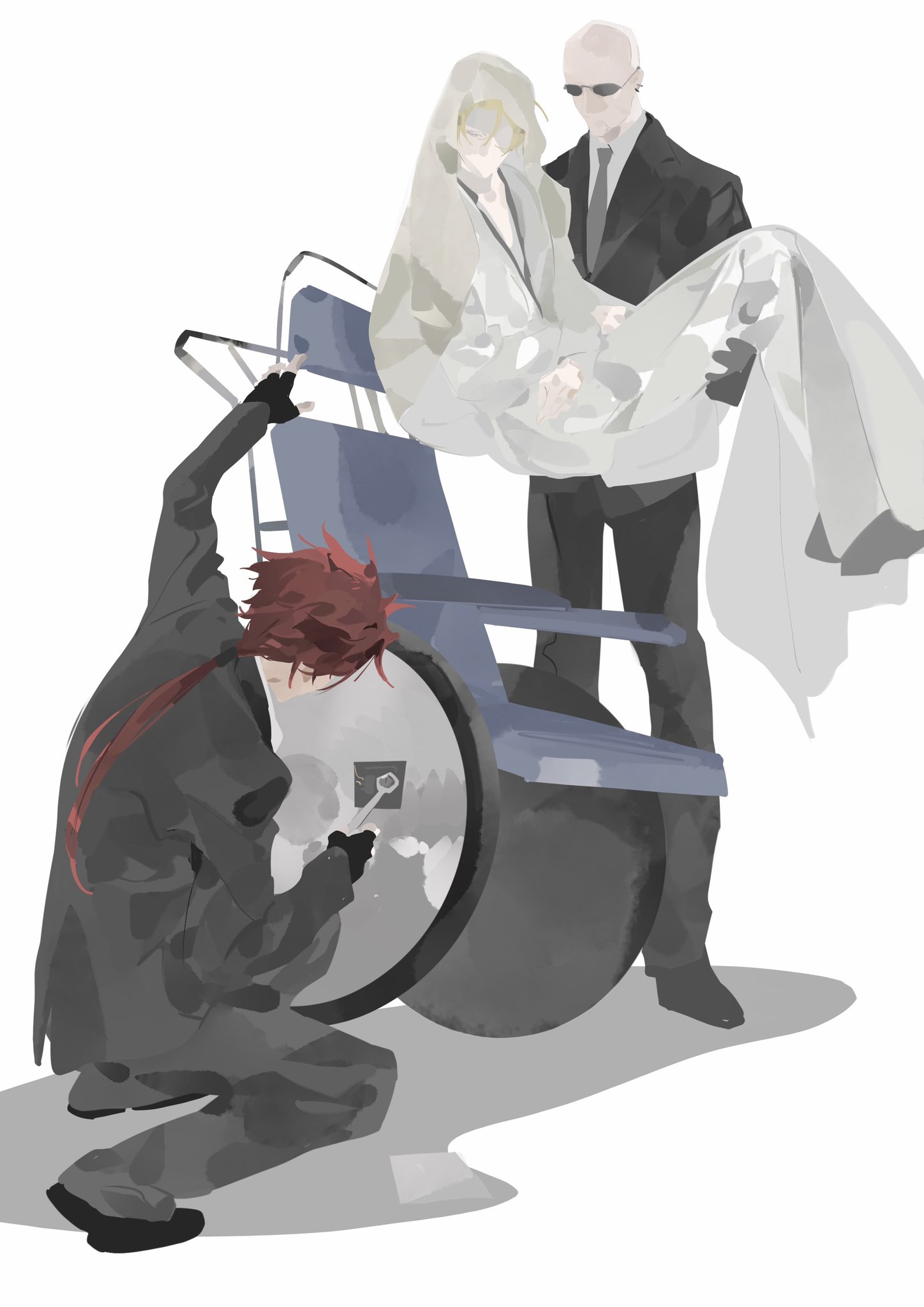 lokko nai, reno (ff7), rude (ff7), rufus shinra, final fantasy, final fantasy vii, final fantasy vii advent children, highres, 3boys, bald, bandage over one eye, black gloves, black jacket, black pants, black shoes, black suit, blonde hair, carrying, collared shirt, earrings, fingerless gloves, formal clothes, full body, gloves, grey necktie, hair between eyes, holding, holding wrench, jacket, jewelry, low ponytail, male focus, multiple boys, multiple earrings, necktie, pants, ponytail, princess carry, red hair, repairing, shirt, shoes, short hair, short hair with long locks, squatting, standing, suit, suit jacket, sunglasses, wheelchair, white background, white shirt, wrench