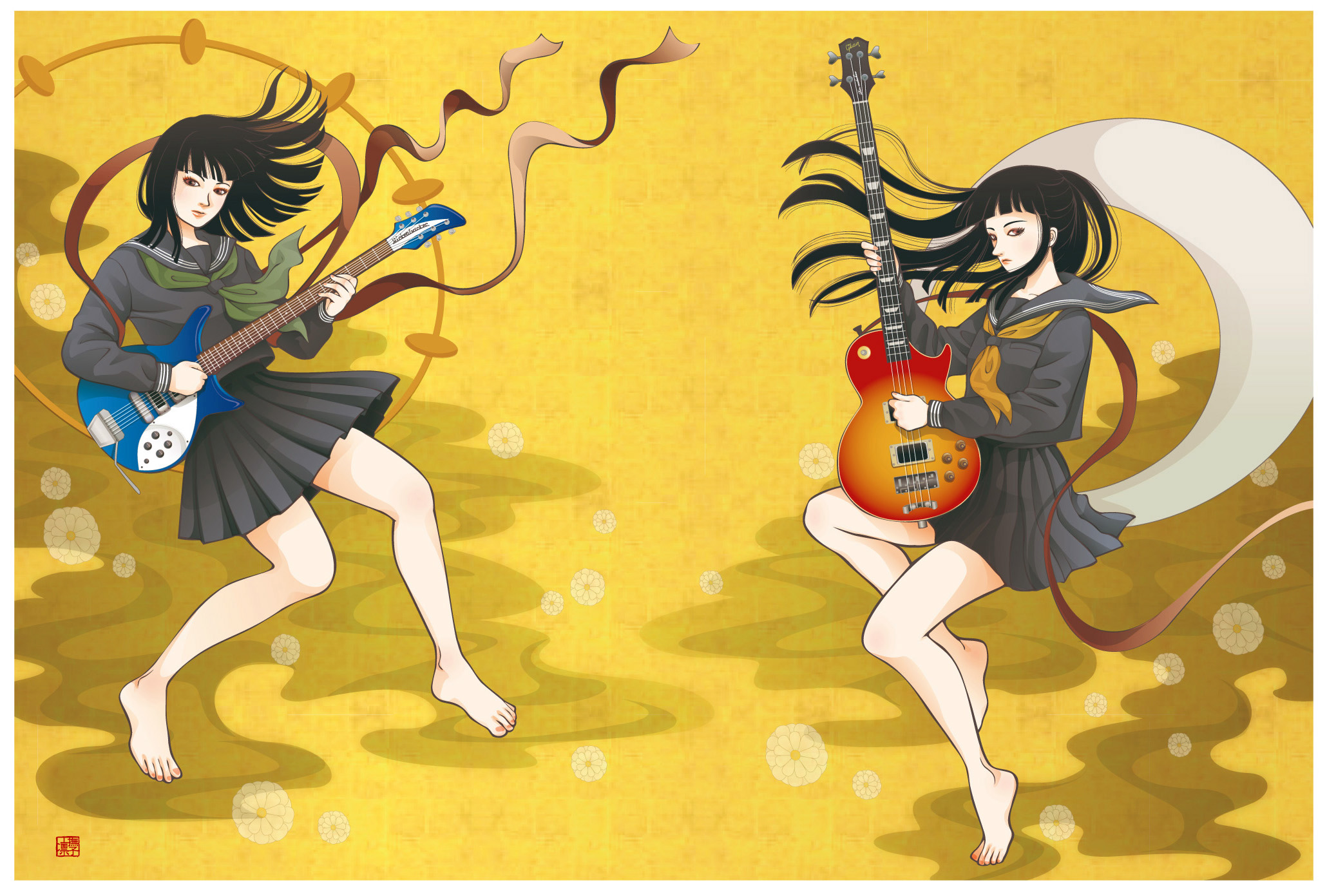 nadeshiko rin, gibson, bad id, bad pixiv id, highres, 2girls, barefoot, bass guitar, black hair, brown eyes, electric guitar, fine art parody, gibson les paul, guitar, instrument, long hair, multiple girls, parody, school uniform, serafuku, yamato-e