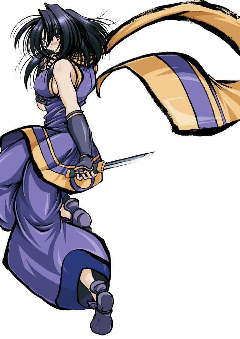 c.r., rera, samurai spirits, snk, 1girl, black hair, blush, breasts, covered erect nipples, female focus, knife, kodachi, red eyes, reverse grip, scarf, short hair, short sword, sideboob, smile, solo, sword, weapon