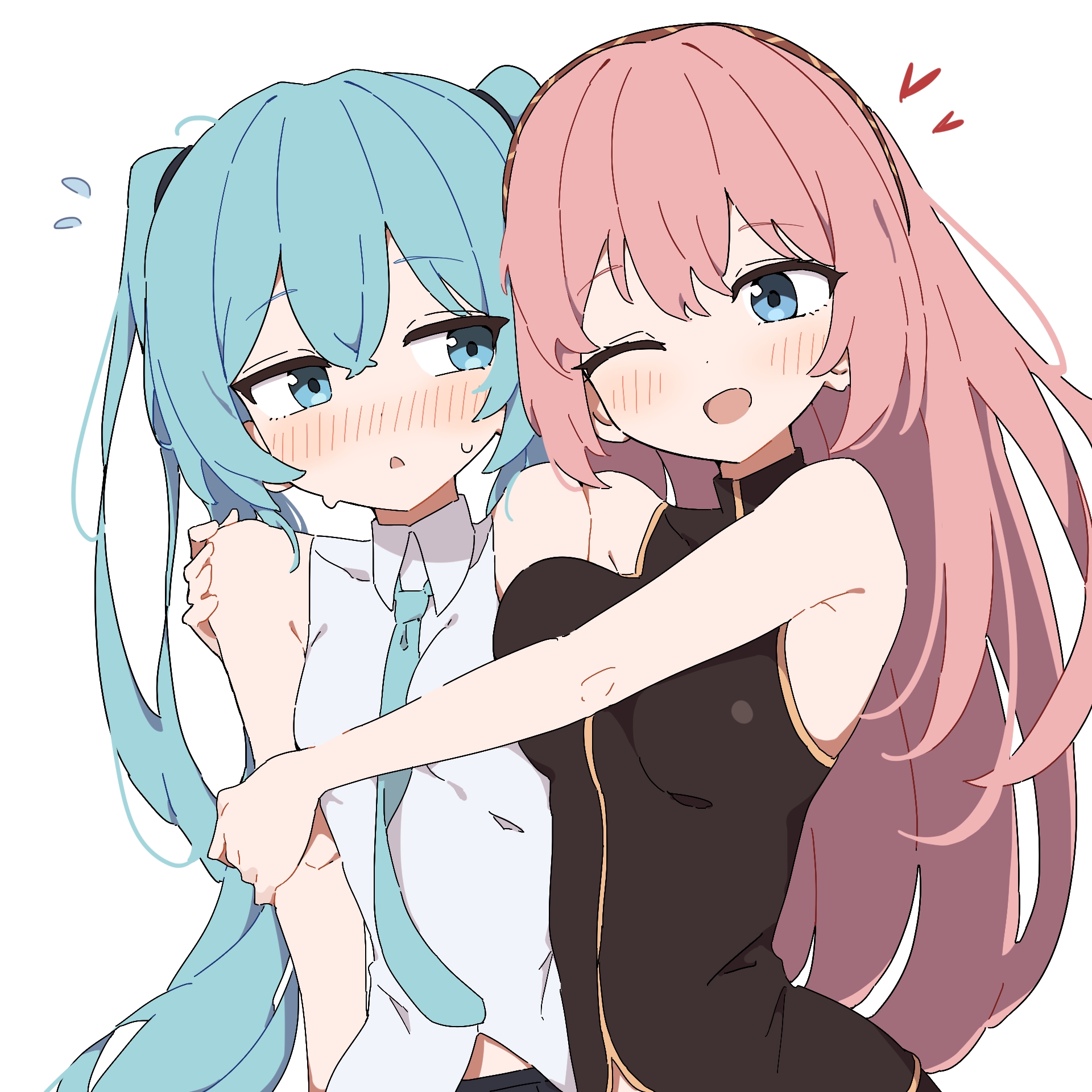 giryu, hatsune miku, megurine luka, vocaloid, commentary request, highres, 2girls, bare arms, black shirt, blue eyes, blue hair, blue necktie, blush, breast press, breasts, collar, flying sweatdrops, heads together, heart, hug, large breasts, long hair, multiple girls, necktie, one eye closed, open mouth, parted lips, pink hair, shirt, simple background, sleeveless, sleeveless shirt, small breasts, smile, sweat, twintails, white background, white shirt, yuri
