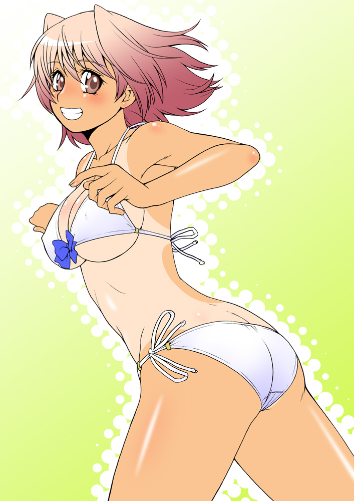 kouda tomohiro, original, 1girl, ass, bikini, breasts, female focus, from side, grin, looking at viewer, one-piece tan, pink eyes, pink hair, short hair, side-tie bikini bottom, smile, solo, swimsuit, tan, tanline, white bikini