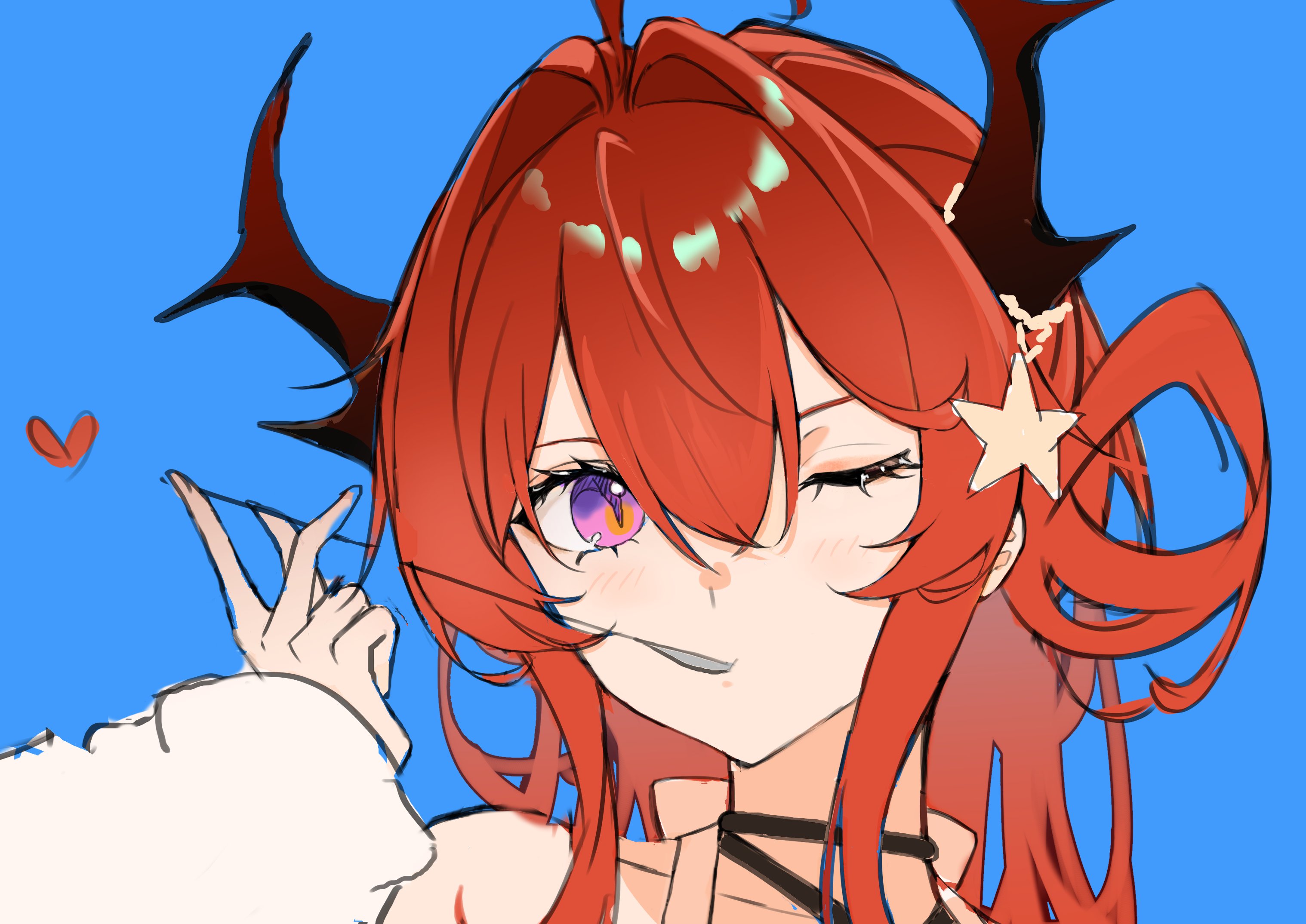 okamoto aoi, surtr (arknights), surtr (colorful wonderland) (arknights), arknights, highres, 1girl, bare shoulders, blue background, demon horns, food, hair ornament, heart, horns, long hair, looking at viewer, official alternate costume, one eye closed, outdoors, portrait, purple eyes, red hair, slit pupils, solo, star (symbol), star hair ornament