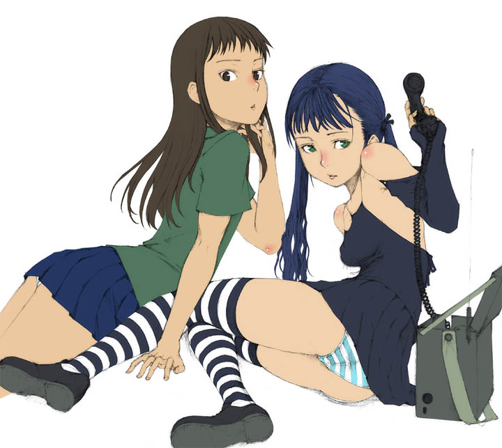 yoneda taishou, bad id, bad pixiv id, 2girls, bare shoulders, blue hair, brown hair, detached sleeves, multiple girls, panties, striped clothes, striped panties, thighhighs, underwear