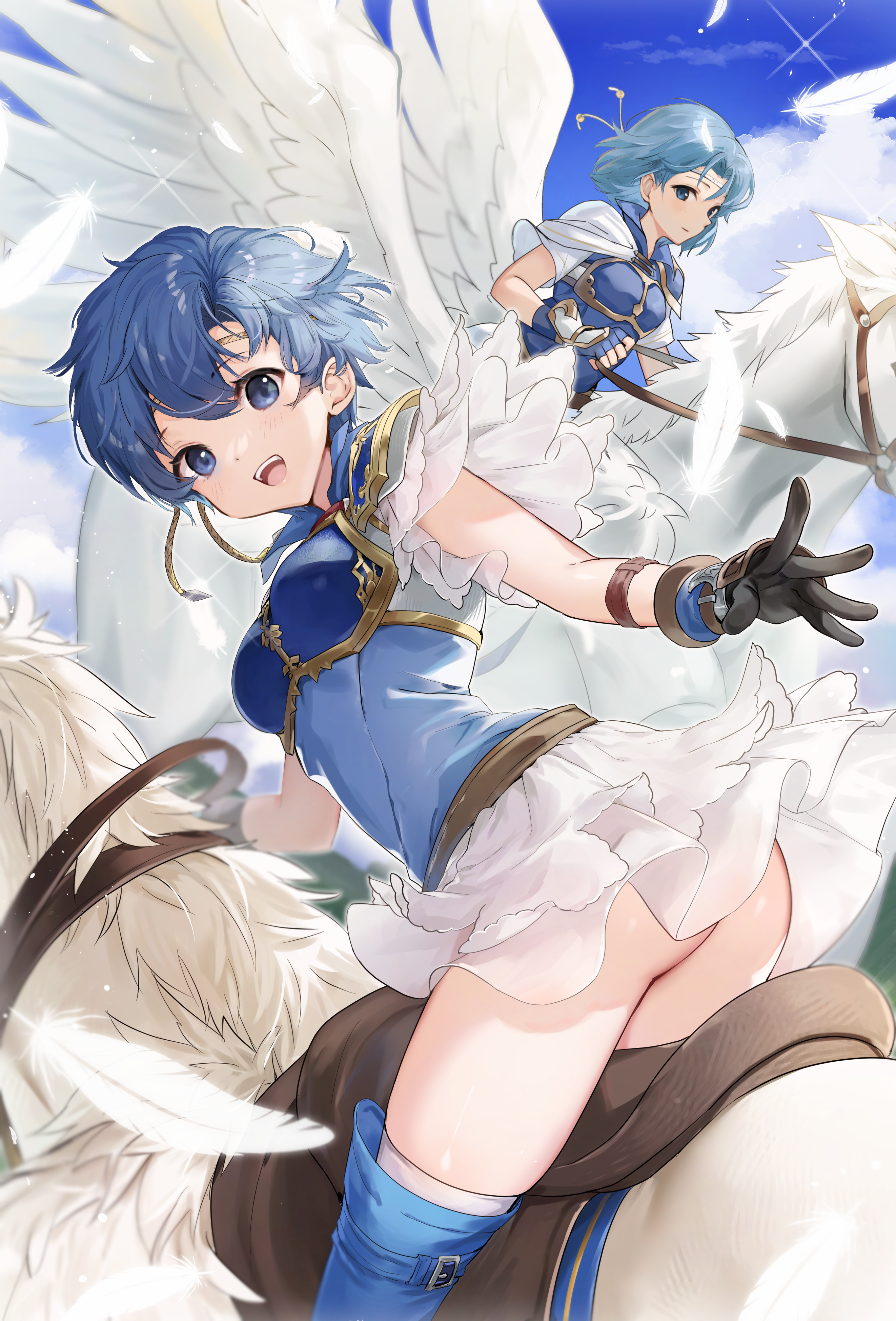 haru (nakajou-28), shanna (fire emblem), thea (fire emblem), fire emblem, fire emblem: the binding blade, nintendo, absurdres, commission, commissioner upload, highres, non-web source, 2girls, armor, blue eyes, blue hair, breastplate, flying, gloves, headband, looking back, multiple girls, short hair, skirt, white skirt