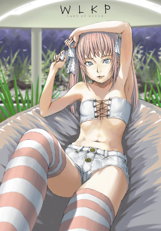 yoneda taishou, striped, copyright request, 1girl, armpits, denim, denim shorts, female focus, flat chest, pink hair, short shorts, shorts, solo, thighhighs, twintails