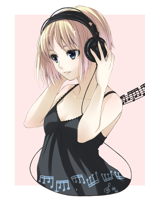 bomi, original, 1girl, blonde hair, blue eyes, female focus, headphones, listening to music, musical note, musical staff, pink hair, sharp sign, short hair, simple background, solo, treble clef