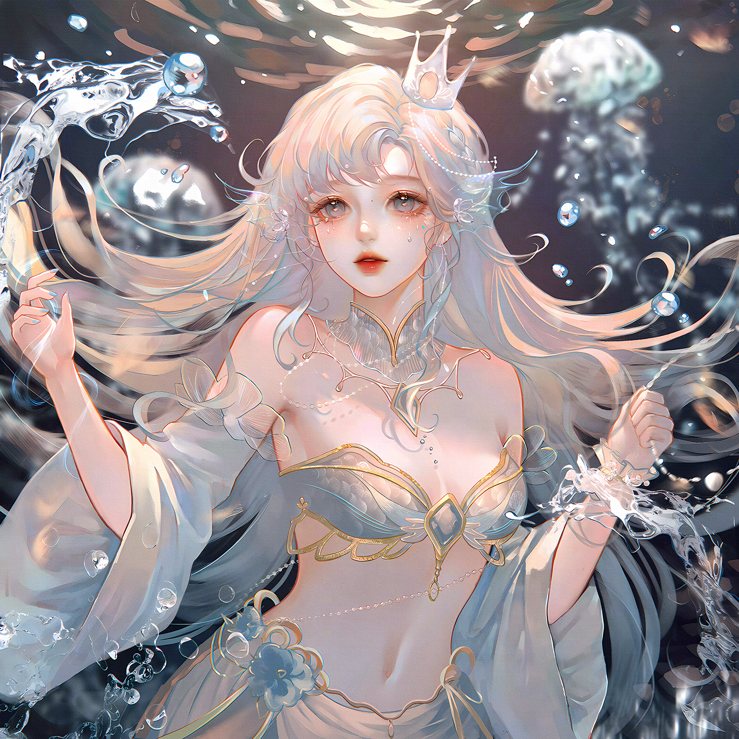 ling0, original, highres, 1girl, air bubble, bare shoulders, blue eyes, breasts, bubble, crown, detached collar, detached sleeves, jewelry, long hair, mermaid, midriff, monster girl, navel, parted lips, solo, underwater, upper body, water, white hair