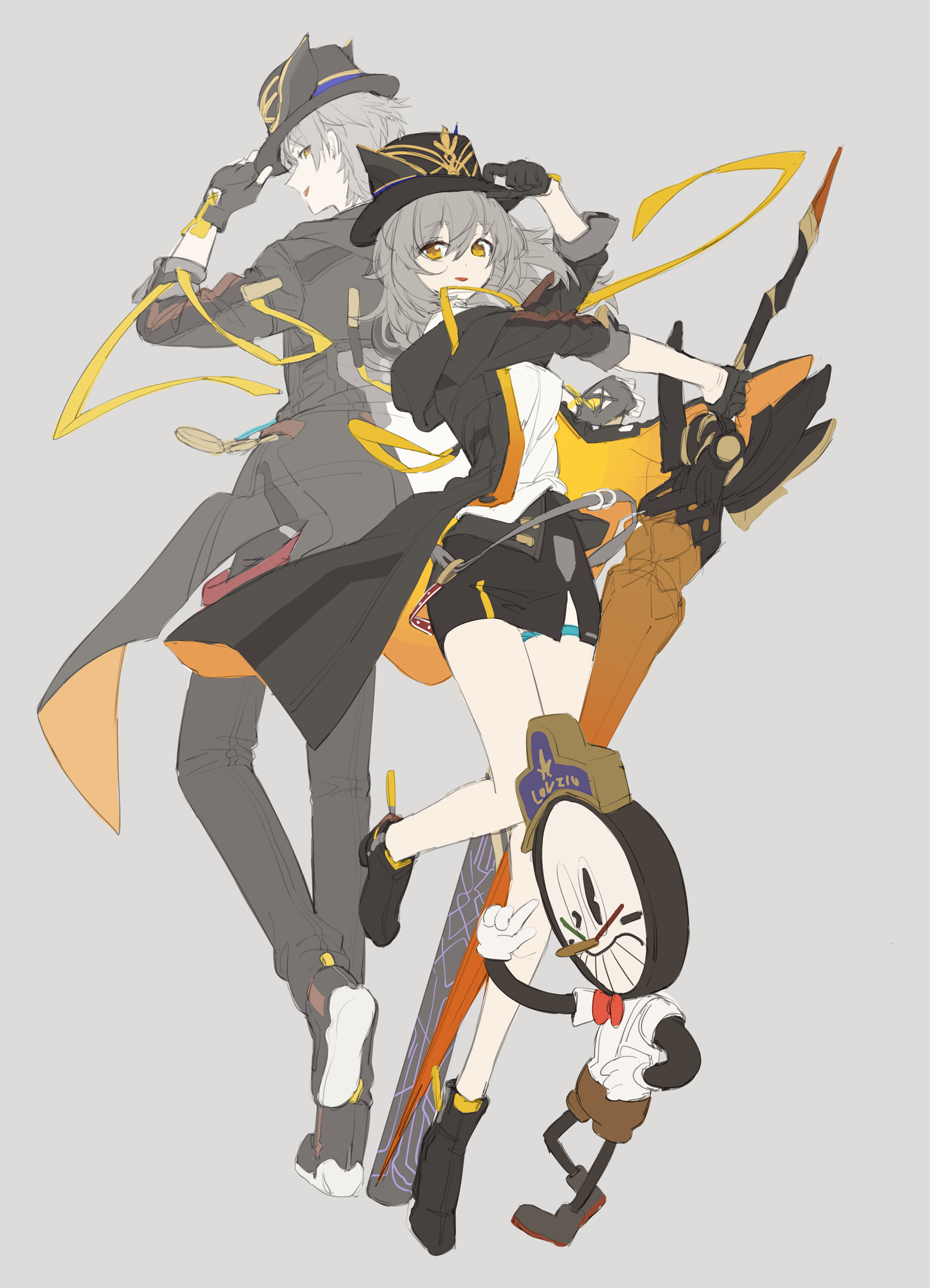 dl (dl 6ix), caelus (honkai: star rail), clockie (honkai: star rail), stelle (honkai: star rail), trailblazer (honkai: star rail), honkai: star rail, honkai (series), absurdres, commentary request, highres, korean commentary, 1boy, 1girl, back-to-back, bare legs, baseball bat, black boots, black gloves, black hat, black jacket, black pants, black skirt, boots, clock, dual persona, eyelashes, fingerless gloves, flat color, floating clothes, floating hair, gloves, grey background, grey hair, hair between eyes, half gloves, hand on headwear, happy, hat, holding, holding baseball bat, holding polearm, holding weapon, hood, hood down, hooded coat, jacket, lance, leg up, long hair, long sleeves, looking at viewer, looking back, miniskirt, multicolored boots, open mouth, orange eyes, orange jacket, orange socks, pants, pencil skirt, polearm, shirt, short hair, simple background, skirt, sleeve cuffs, smile, socks, thigh strap, three-quarter sleeves, top hat, two-sided fabric, two-sided jacket, two-tone boots, weapon, white boots, white shirt