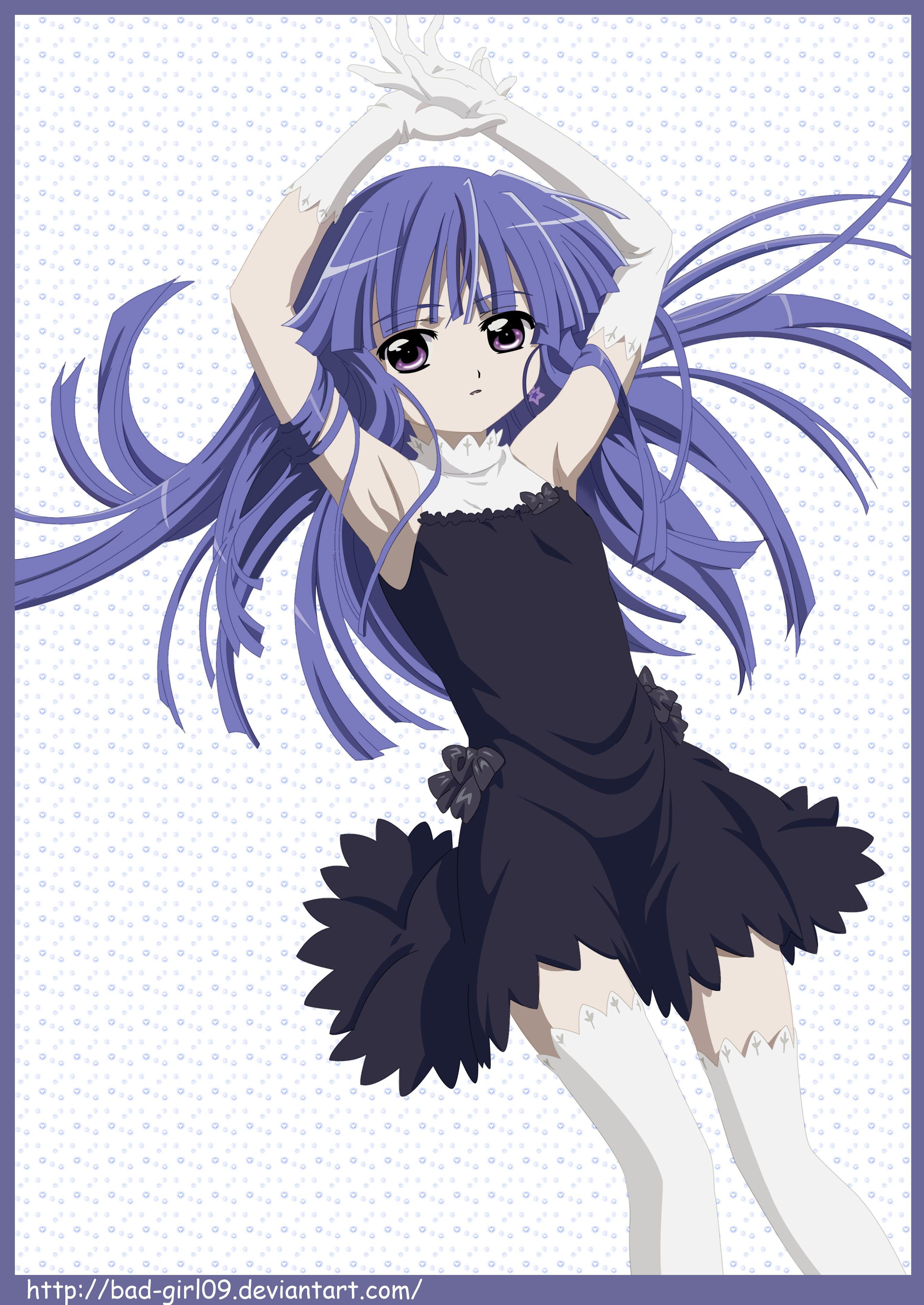 sakai kyuuta, furude rika, higurashi no naku koro ni, absurdres, derivative work, highres, vector trace, 00s, 1girl, armpits, blue hair, dress, female focus, purple eyes, solo, thighhighs