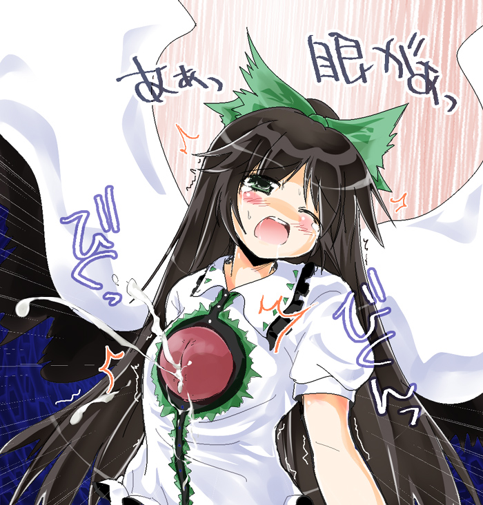 habara meguru, reiuji utsuho, touhou, bad id, bad pixiv id, translated, 1girl, black hair, blush, blush stickers, cum, ejaculation, one eye closed, penis, pixel cot, solo, tears, what, wink