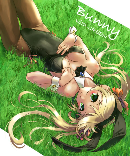 katahira masashi, original, 1girl, animal ears, blonde hair, breasts, cleavage, cuffs, fake animal ears, female focus, green eyes, long hair, lying, medium breasts, pantyhose, playboy bunny, rabbit ears, solo, twintails, wrist cuffs