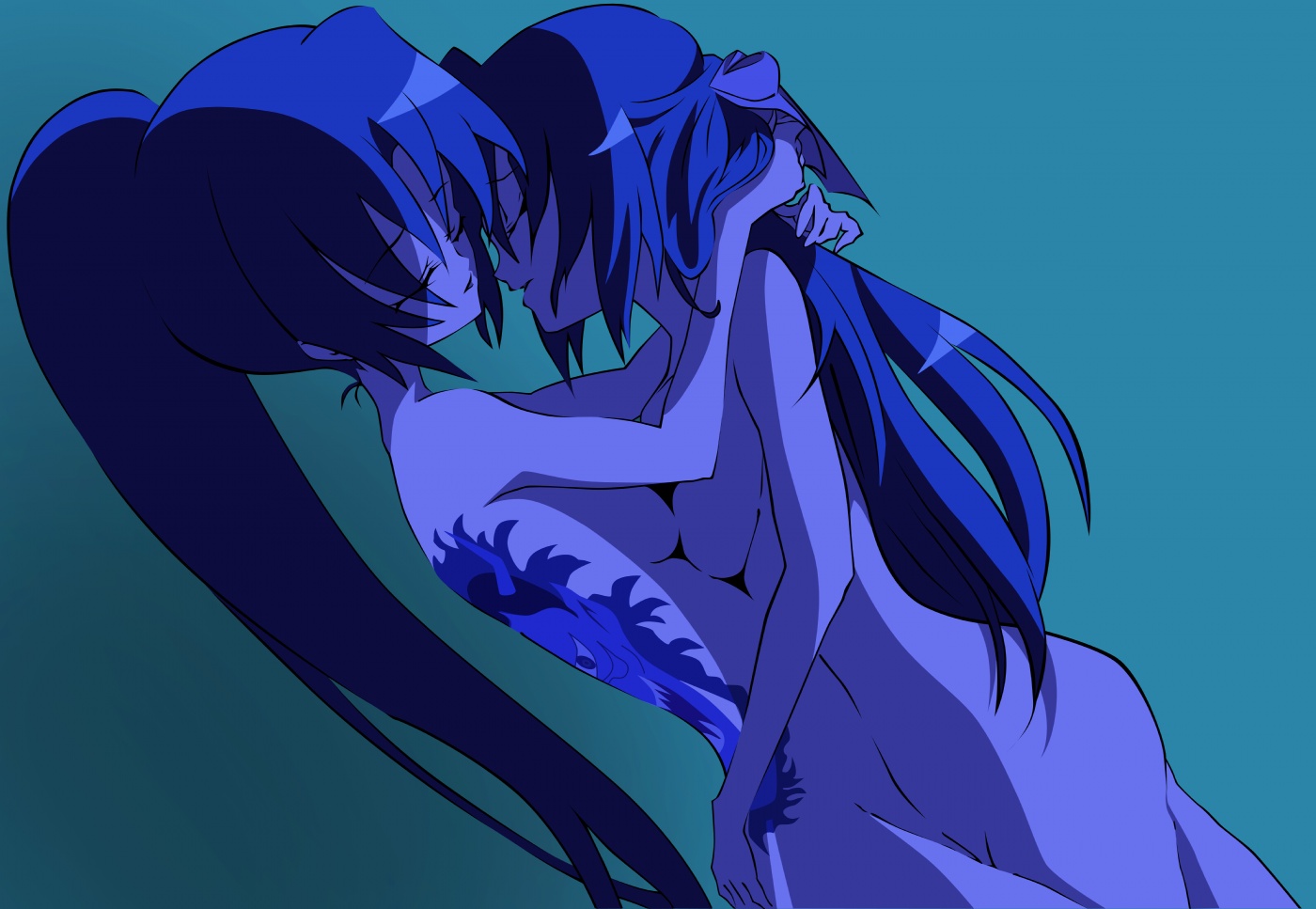 sonozaki mion, sonozaki shion, higurashi no naku koro ni, derivative work, vector trace, 00s, 2girls, half updo, incest, multiple girls, nude, ponytail, siblings, sisters, tattoo, twincest, twins, yuri