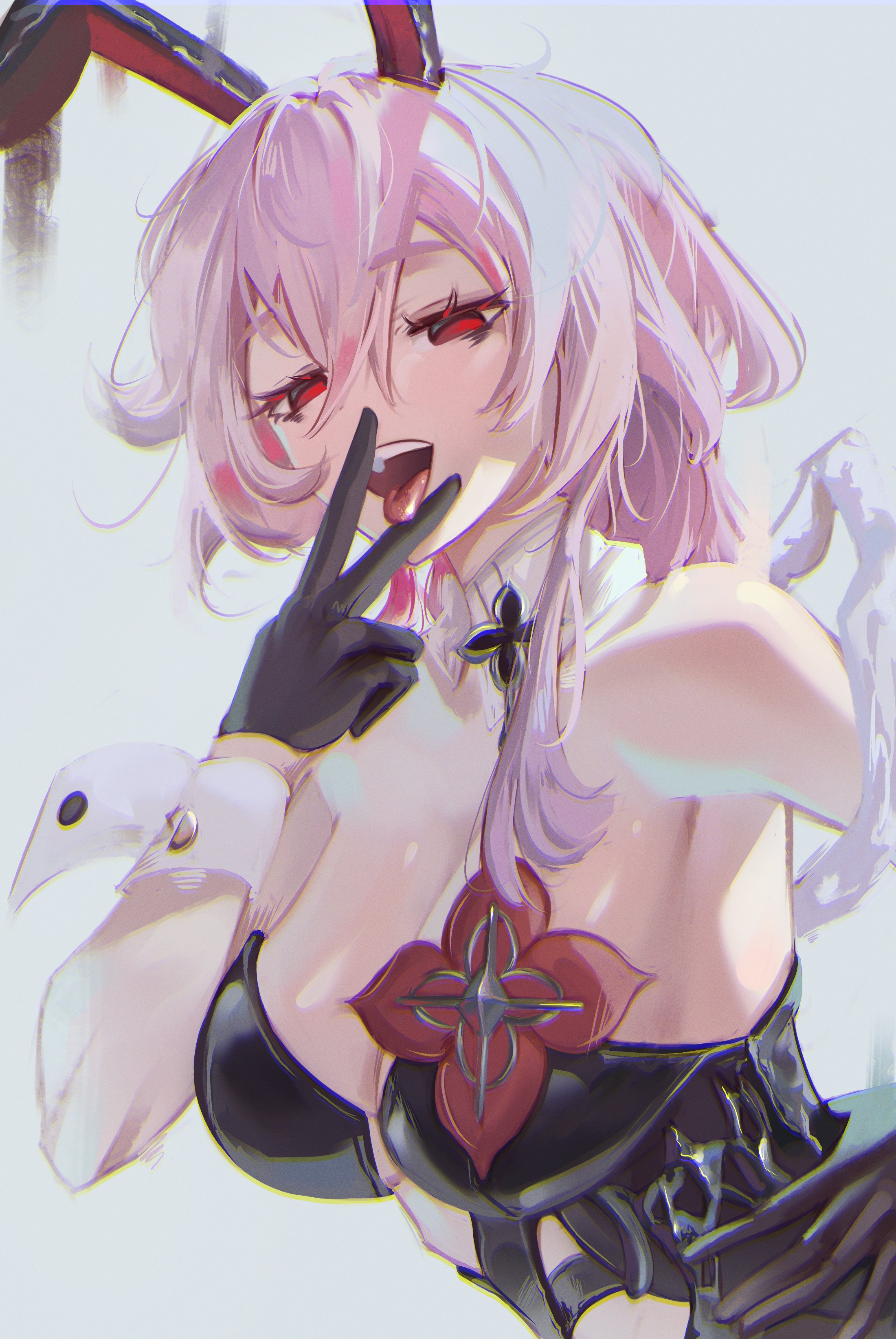 waffle 404, evernight (honkai: star rail), march 7th (honkai: star rail), honkai: star rail, honkai (series), absurdres, commentary, english commentary, highres, 1girl, alternate costume, animal ears, bare shoulders, black gloves, black leotard, breasts, cleavage, fake animal ears, gloves, large breasts, leotard, long hair, open mouth, pink hair, playboy bunny, rabbit ears, red eyes, simple background, solo, tongue, tongue out, v, v over mouth, white background
