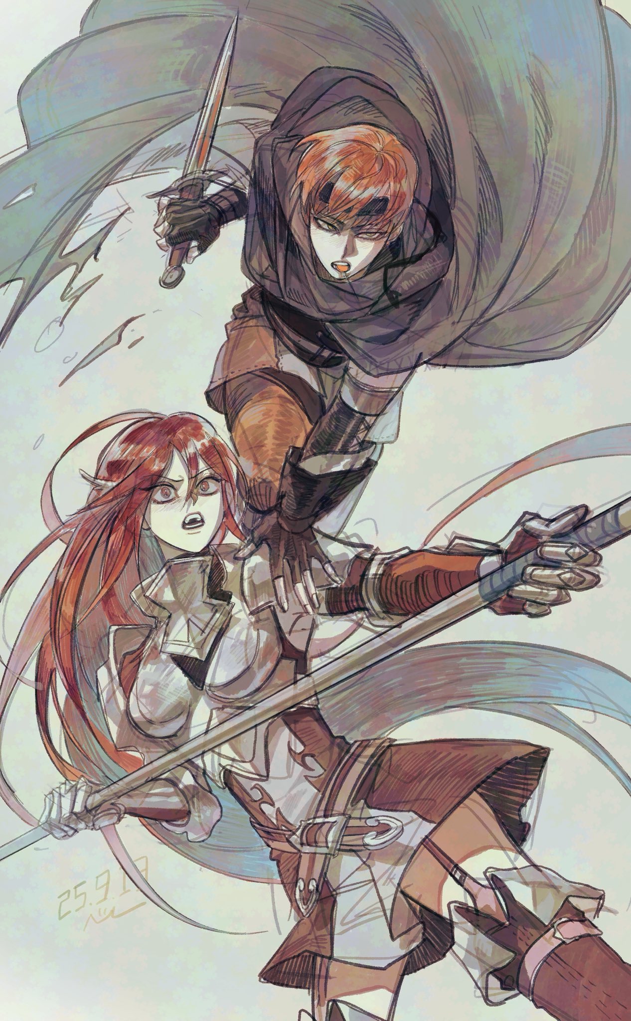 nul, cordelia (fire emblem), gaius (fire emblem), fire emblem, fire emblem awakening, nintendo, highres, 1boy, 1girl, armor, armored dress, armored gloves, belt, black cloak, black gloves, black headband, boots, breasts, brown hair, brown pants, cloak, cowboy shot, dress, fighting stance, fingerless gloves, furrowed brow, garter straps, gloves, hair between eyes, headband, holding, holding polearm, holding sword, holding weapon, long hair, medium breasts, open mouth, pants, pink thighhighs, polearm, red hair, short hair, sword, thigh boots, thighhighs, weapon, winged hair ornament