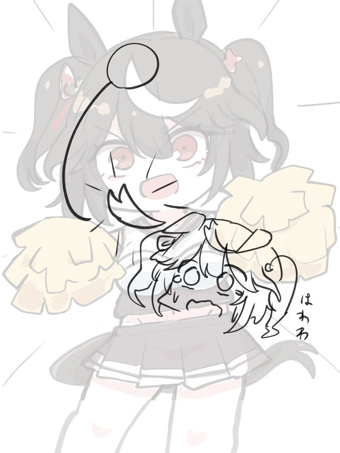 kawamochi (tddm3573), kitasan black (umamusume), umamusume, translation request, 1girl, :d, animal ears, black hair, black skirt, breasts, brown eyes, cheerleader, crop top, ears down, emphasis lines, feet out of frame, groin, hair between eyes, horse ears, horse girl, horse tail, looking at viewer, medium breasts, multicolored hair, navel, open mouth, pleated skirt, pom pom (cheerleading), shirt, simple background, skirt, sleeveless, sleeveless shirt, smile, standing, streaked hair, tail, two side up, v-shaped eyebrows, white background, white hair, white shirt