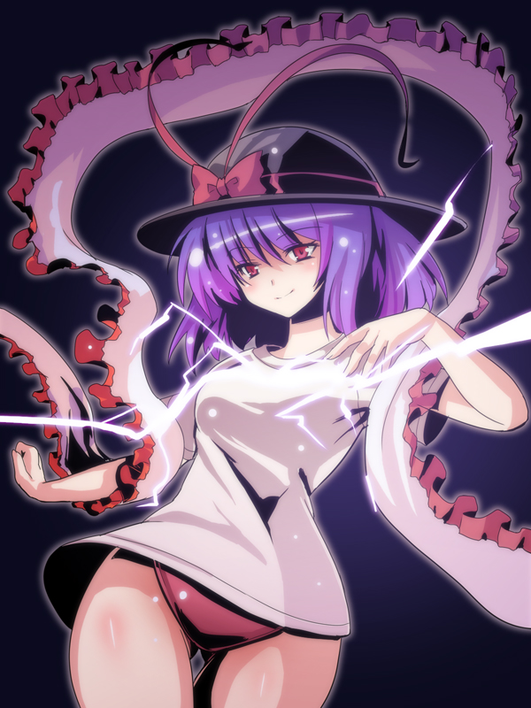 edobox, nagae iku, touhou, 1girl, alternate costume, buruma, female focus, gym uniform, hat, hip focus, lightning, purple hair, red eyes, shawl, shirt, short hair, smile, solo, t-shirt, thigh gap, thighs, wide hips