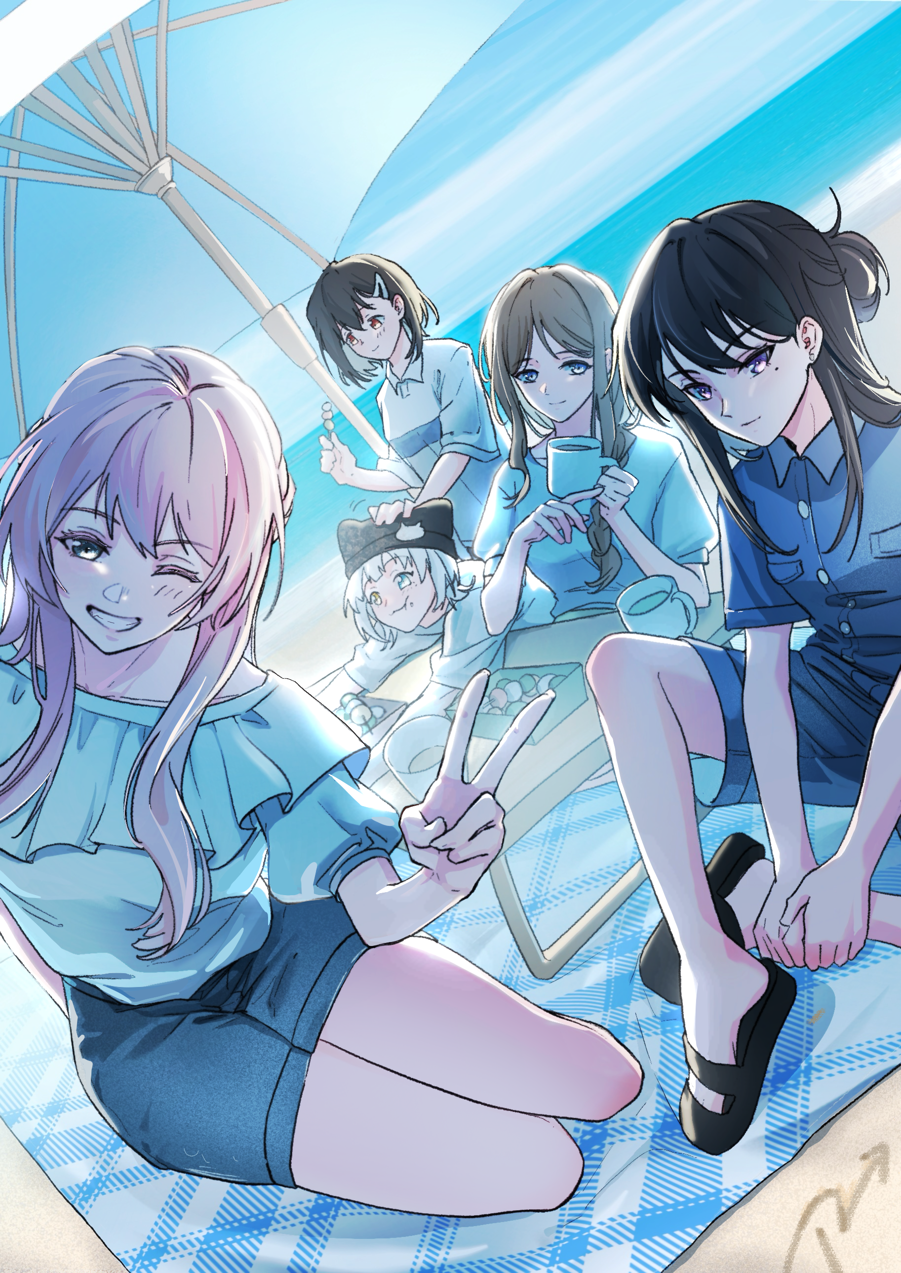 hero45439083942, chihaya anon, kaname raana, nagasaki soyo, shiina taki, takamatsu tomori, bang dream!, bang dream! it's mygo!!!!!, absurdres, chinese commentary, commentary request, highres, 5girls, animal ear headwear, animal ears, beach, black hair, black hat, black shoes, blue eyes, blue shirt, blue shorts, brown hair, cat ears, clenched teeth, cup, dango, eating, fake animal ears, food, food on face, grey eyes, grey hair, hair ornament, hairclip, half updo, hat, heterochromia, holding, holding cup, long hair, mole, mole under eye, multiple girls, mygo!!!!! (bang dream!), open mouth, parasol, pink hair, purple eyes, raana the cat, sanshoku dango, shirt, shoes, short hair, short sleeves, shorts, sidelocks, teeth, umbrella, v, wagashi, white hair, white shirt, yellow eyes