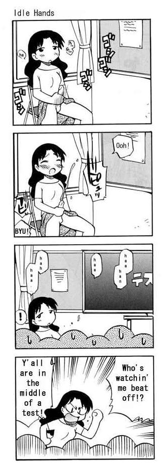ono toshihiro, tanizaki yukari, azumanga daiou, 1futa, 4koma, angry, blush, classroom, closed eyes, clothes lift, comic, cum, erection, futanari, greyscale, indoors, long hair, masturbation, monochrome, open mouth, orgasm, penis, public indecency, public masturbation, school, sitting, skirt, skirt lift, solo focus, speech bubble, spread legs, teacher