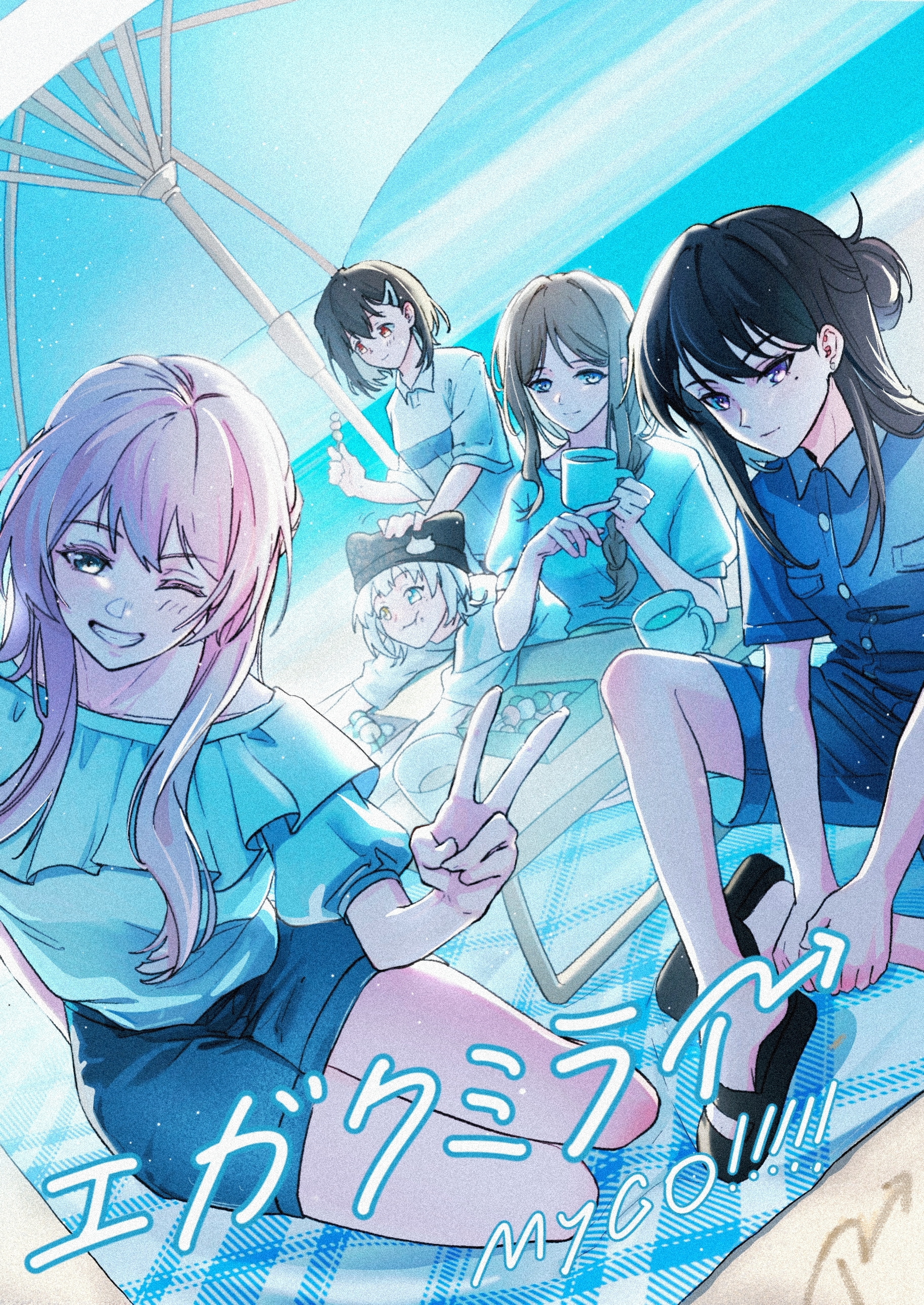 hero45439083942, chihaya anon, kaname raana, nagasaki soyo, shiina taki, takamatsu tomori, bang dream!, bang dream! it's mygo!!!!!, absurdres, chinese commentary, commentary request, highres, 5girls, animal ear headwear, animal ears, beach, black hair, black hat, black shoes, blue eyes, blue shirt, blue shorts, brown hair, cat ears, clenched teeth, cup, dango, eating, fake animal ears, food, food on face, grey eyes, grey hair, hair ornament, hairclip, half updo, hat, heterochromia, holding, holding cup, long hair, mole, mole under eye, multiple girls, mygo!!!!! (bang dream!), open mouth, parasol, pink hair, purple eyes, raana the cat, sanshoku dango, shirt, shoes, short hair, short sleeves, shorts, sidelocks, song name, teeth, umbrella, v, wagashi, white hair, white shirt, yellow eyes