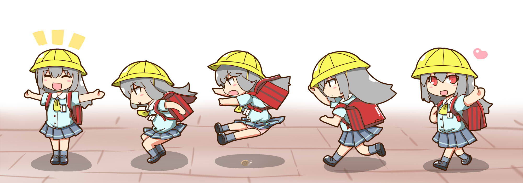 itini-sanshi, suigintou, rozen maiden, commentary request, highres, 1girl, aged down, alternate costume, ascot, backpack, bag, black eyes, black shoes, blue shirt, blush stickers, chibi, chibi only, closed eyes, full body, grey hair, grey skirt, grey socks, hat, heart, jumping, kindergarten uniform, landing, loafers, long hair, open mouth, panties, pantyshot, pink panties, pleated skirt, randoseru, red bag, red eyes, running, school hat, shirt, shoes, short sleeves, skirt, snail, socks, underwear, walking, waving, yellow ascot, yellow hat