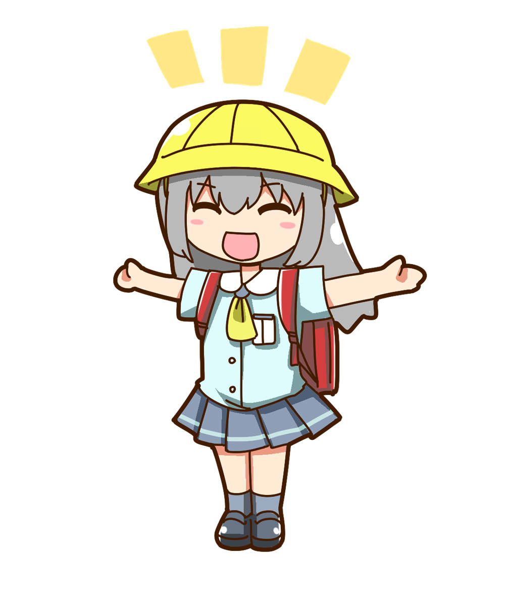 itini-sanshi, suigintou, rozen maiden, commentary request, highres, 1girl, aged down, alternate costume, ascot, backpack, bag, black shoes, blue shirt, blush stickers, chibi, chibi only, closed eyes, full body, grey hair, grey skirt, grey socks, hat, kindergarten uniform, loafers, long hair, open mouth, pleated skirt, randoseru, red bag, school hat, shirt, shoes, short sleeves, simple background, skirt, socks, white background, yellow ascot, yellow hat