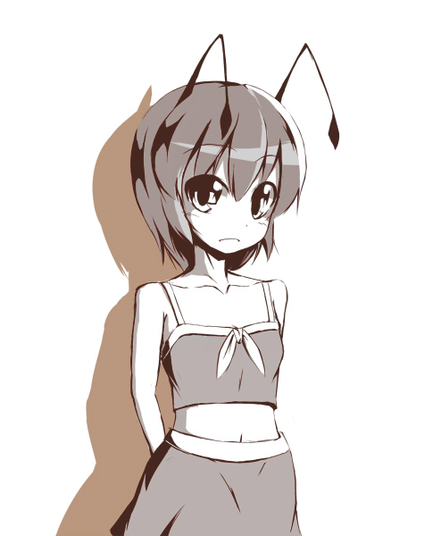 aikata, wriggle nightbug, touhou, 1girl, against wall, alternate costume, antennae, arms behind back, blush, brown theme, camisole, casual, drop shadow, female focus, frown, looking at viewer, midriff, monochrome, navel, shadow, short hair, simple background, solo, white background