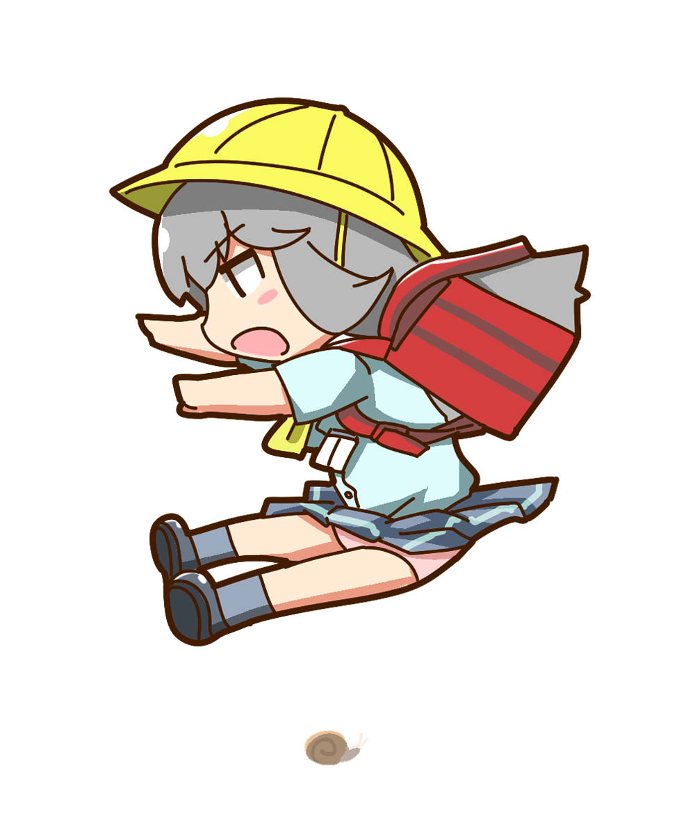 itini-sanshi, suigintou, rozen maiden, commentary request, highres, 1girl, aged down, alternate costume, ascot, backpack, bag, black eyes, black shoes, blue shirt, blush stickers, chibi, chibi only, full body, grey hair, grey skirt, grey socks, hat, jumping, kindergarten uniform, loafers, long hair, open mouth, panties, pantyshot, pink panties, pleated skirt, randoseru, red bag, school hat, shirt, shoes, short sleeves, simple background, skirt, snail, socks, underwear, white background, yellow ascot, yellow hat