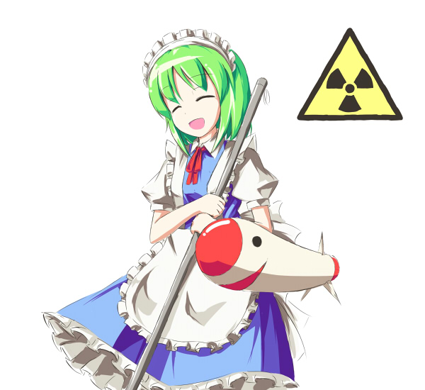 aikata, mimi-chan, ruukoto, phantasmagoria of dim.dream, touhou, touhou (pc-98), 1girl, apron, broom, closed eyes, dress, female focus, green hair, head tilt, maid, maid apron, maid headdress, open mouth, puffy short sleeves, puffy sleeves, radiation symbol, rocket, short hair, short sleeves, smile, solo, symbol, waist apron