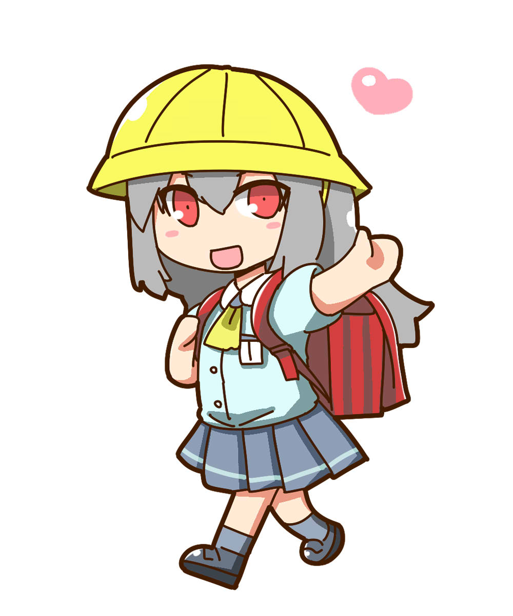 itini-sanshi, suigintou, rozen maiden, commentary request, highres, 1girl, aged down, alternate costume, ascot, backpack, bag, black shoes, blue shirt, blush stickers, chibi, chibi only, full body, grey hair, grey skirt, grey socks, hat, heart, kindergarten uniform, loafers, long hair, open mouth, pleated skirt, randoseru, red bag, red eyes, school hat, shirt, shoes, short sleeves, simple background, skirt, socks, walking, waving, white background, yellow ascot, yellow hat