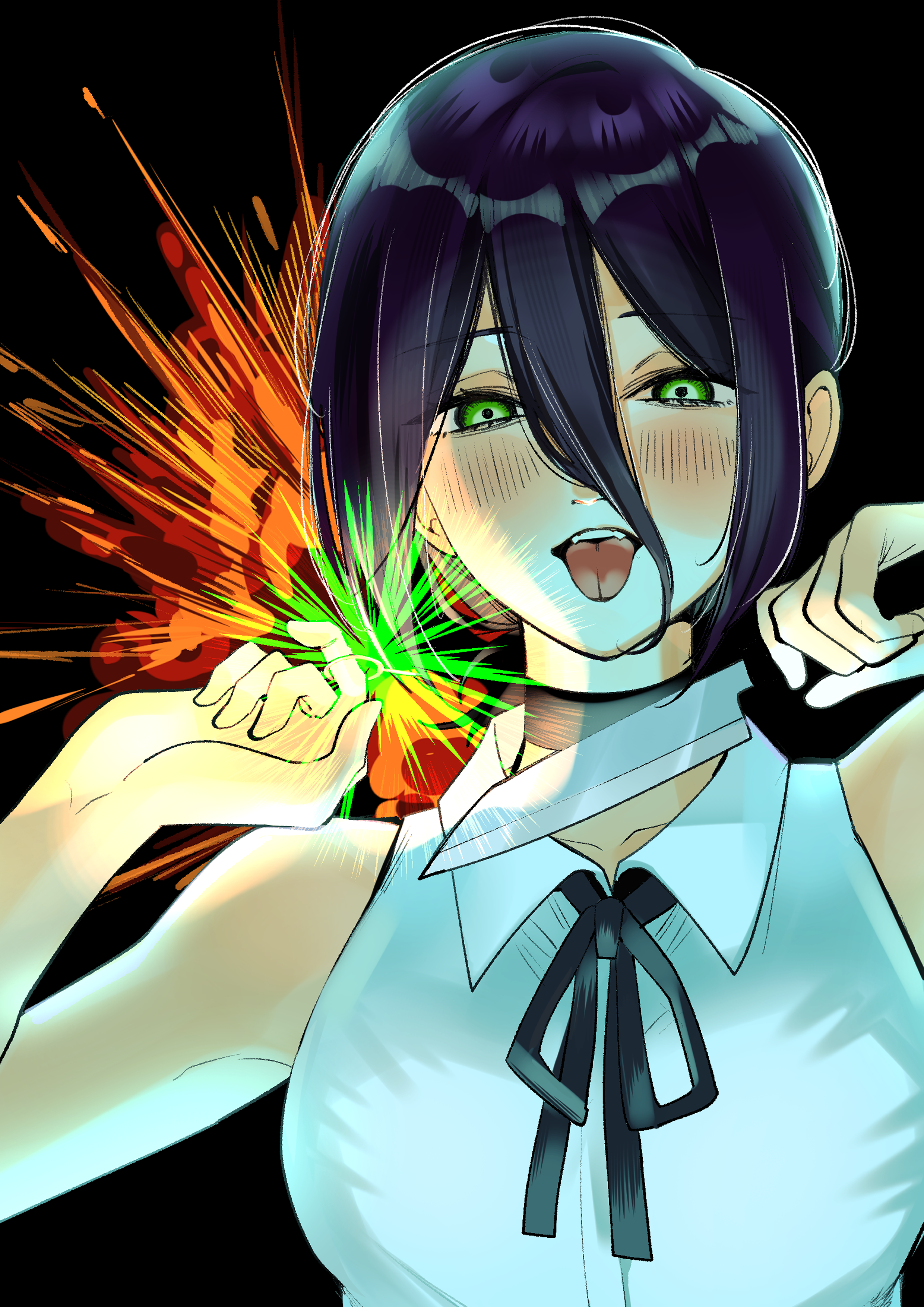 reze (chainsaw man), chainsaw man, absurdres, commentary request, highres, 1girl, black hair, black ribbon, chiharunosekai1, collared shirt, explosion, explosion background, green eyes, grenade pin, hair between eyes, holding, holding knife, kitchen knife, knife, looking at viewer, ribbon, shirt, sleeveless, sleeveless shirt, solo, teeth, tongue, tongue out, white shirt