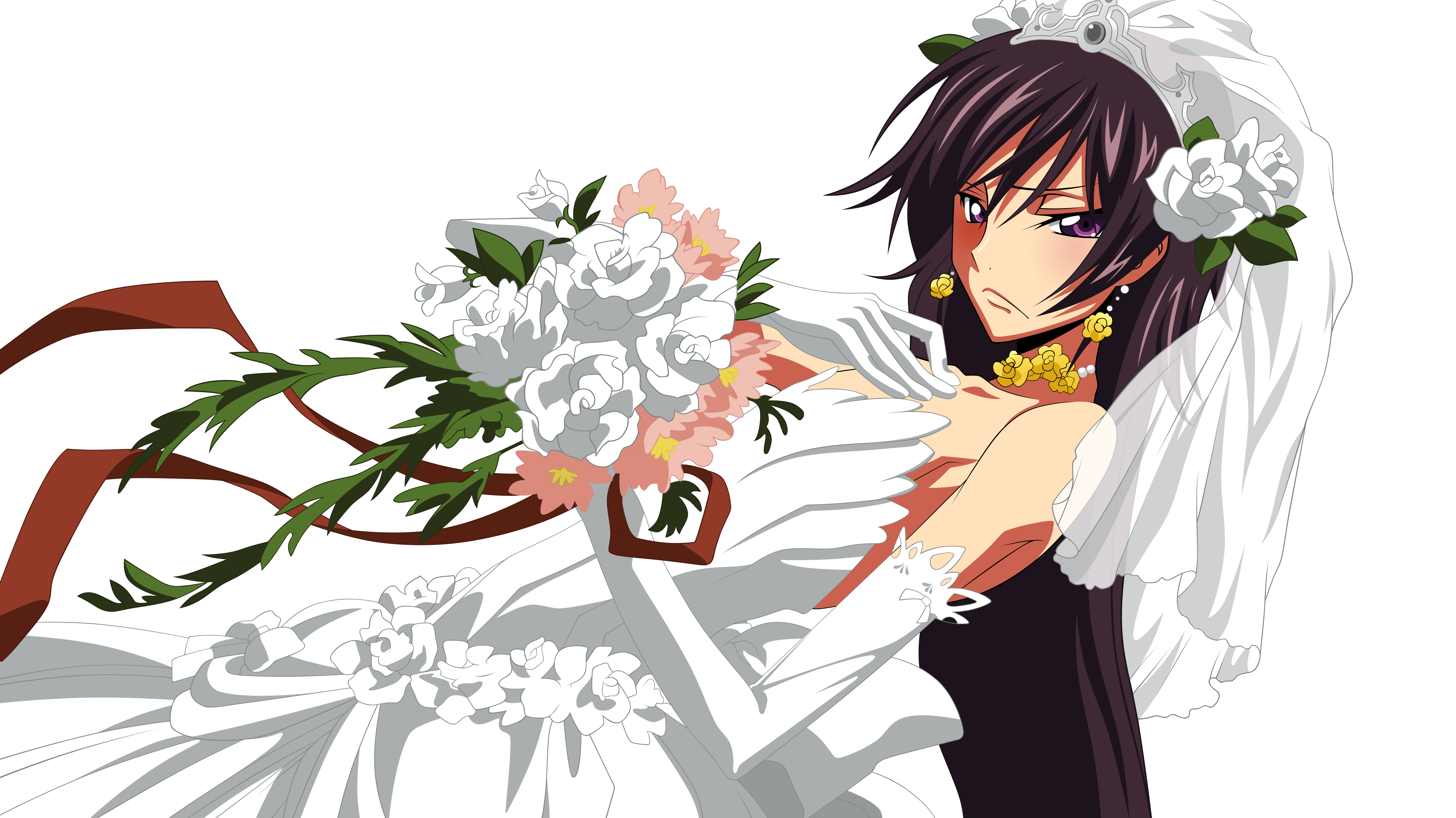 lelouch vi britannia, luluko, code geass, absurdres, derivative work, highres, non-web source, vector trace, 00s, blush, bouquet, bridal veil, bride, crossdressing, crossdressing (mtf), dress, flower, long hair, male focus, solo, transparent background, trap, veil, wedding dress