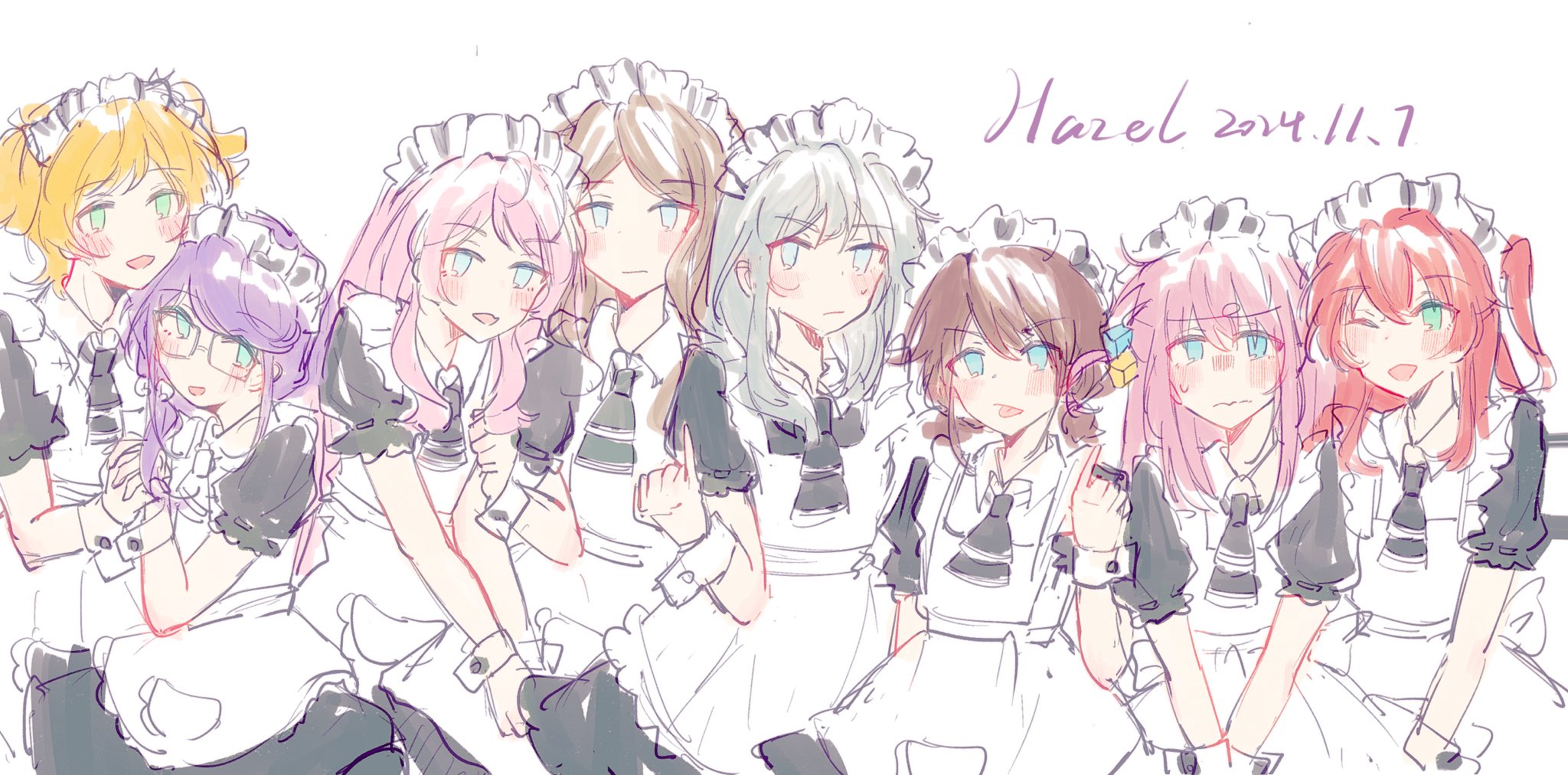 hazel1346729, chihaya anon, daiba nana, gotoh hitori, hoshimi junna, iseri nina, kawaragi momoka, kita ikuyo, nagasaki soyo, bang dream!, bang dream! it's mygo!!!!!, bocchi the rock!, girls band cry, shoujo kageki revue starlight, chinese commentary, commentary request, highres, 6+girls, black dress, blonde hair, blush, brown hair, crossover, cube hair ornament, dated, dress, fang, green eyes, grey hair, hair ornament, holding hands, interlocked fingers, locked arms, low twintails, maid, maid headdress, medium hair, multiple girls, one eye closed, one side up, open mouth, pink hair, pinky out, purple hair, red hair, short hair, short twintails, simple background, skin fang, twintails, white background, white wrist cuffs, wrist cuffs