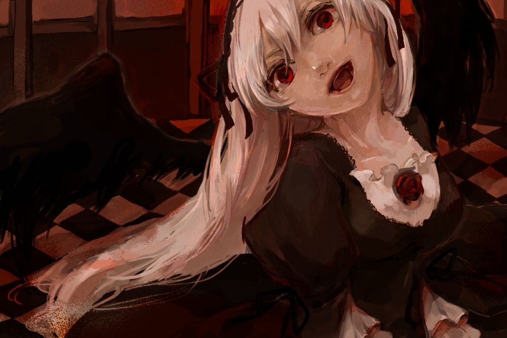 fujiyama, rin (artist), suigintou, rozen maiden, 00s, 1girl, black dress, collarbone, crazy eyes, dress, evil smile, female focus, flower, hairband, head tilt, lolita hairband, long sleeves, looking at viewer, red flower, red rose, rose, smile, solo