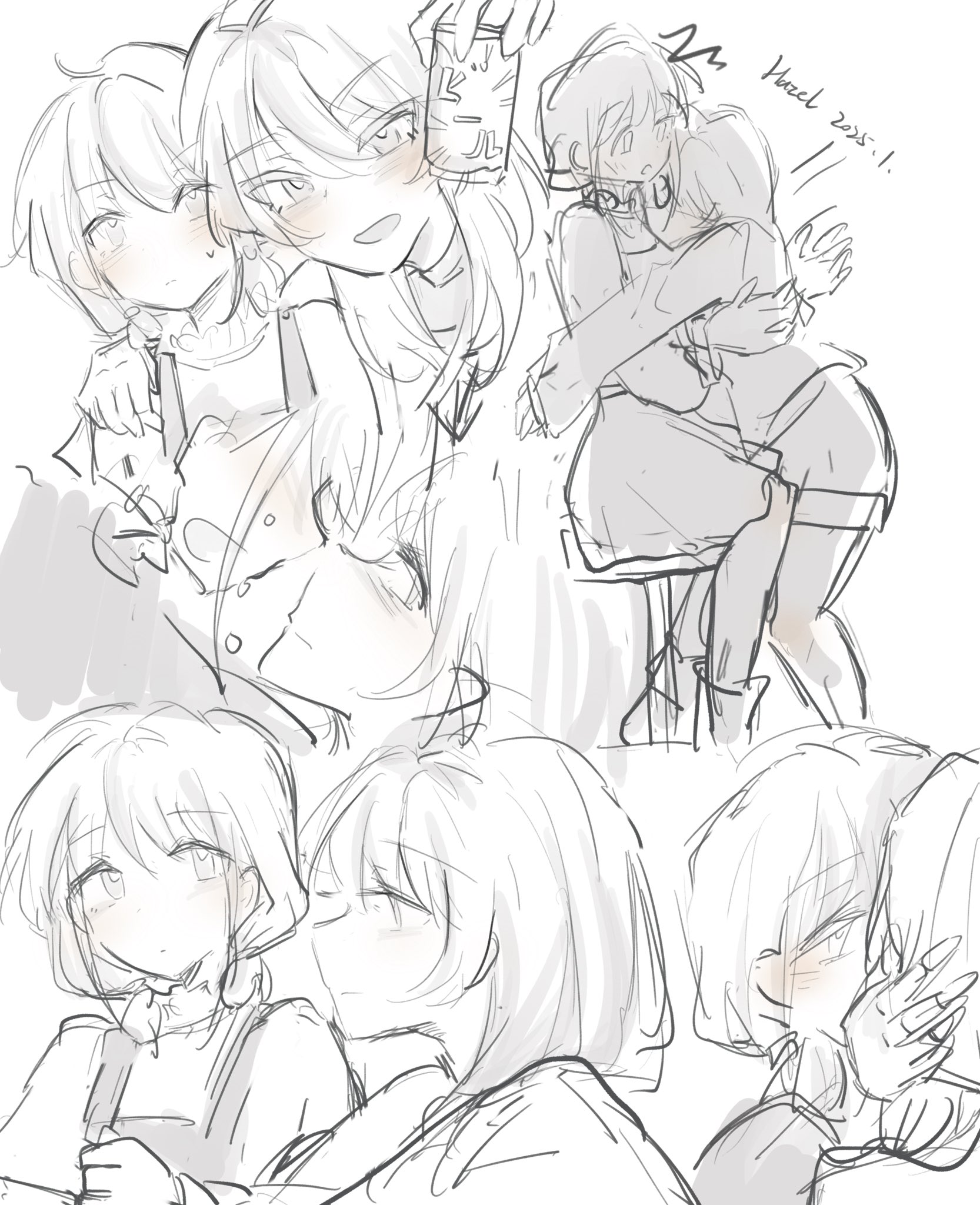 hazel1346729, iseri nina, kawaragi momoka, girls band cry, commentary request, highres, 2girls, blush, can, closed mouth, drunk, greyscale, holding, holding can, hug, kiss, long hair, monochrome, multiple girls, overalls, short hair, shorts, sketch, spot color, sweatdrop, yuri