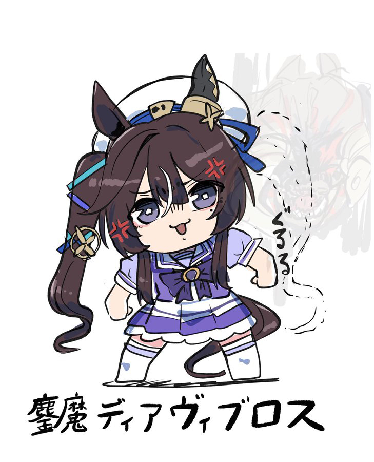 kawamochi (tddm3573), vivlos (umamusume), umamusume, character request, translation request, anger vein, animal ears, beret, blue ribbon, bow, brown hair, chibi, disappearance outline, dotted line, hair between eyes, hair ribbon, hat, horse ears, horse girl, horse tail, long hair, multicolored hair, pleated skirt, puffy short sleeves, puffy sleeves, purple bow, purple eyes, purple shirt, ribbon, school uniform, shirt, short sleeves, side ponytail, skirt, standing, streaked hair, tail, thighhighs, tracen school uniform, very long hair, white background, white hair, white hat, white skirt, white thighhighs
