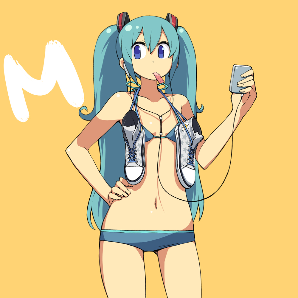 chan co, hatsune miku, converse, vocaloid, 1girl, bikini, blue hair, bra, cowboy shot, digital media player, earbuds, earphones, female focus, flat chest, hand on own hip, lingerie, long hair, lowleg, lowleg bikini, lowleg panties, mouth hold, navel, orange background, panties, shoes, sneakers, solo, swimsuit, twintails, underwear
