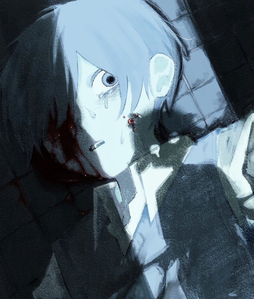 basil (faraway) (omori), basil (omori), sunny (omori), omori, hashtag-only commentary, spoilers, 2boys, bags under eyes, blood, blood on face, bloody tears, collared shirt, crack of light, crying, crying with eyes open, greyscale, hair over one eye, indoors, looking at another, lying, madai (si 202), male focus, monochrome, multiple boys, on back, on floor, one eye covered, open mouth, painterly, shirt, short hair, short sleeves, simple background, solo focus, spot color, sweater vest, swept bangs, tears, teeth, tile floor, tiles, upper body, upper teeth only, wide-eyed