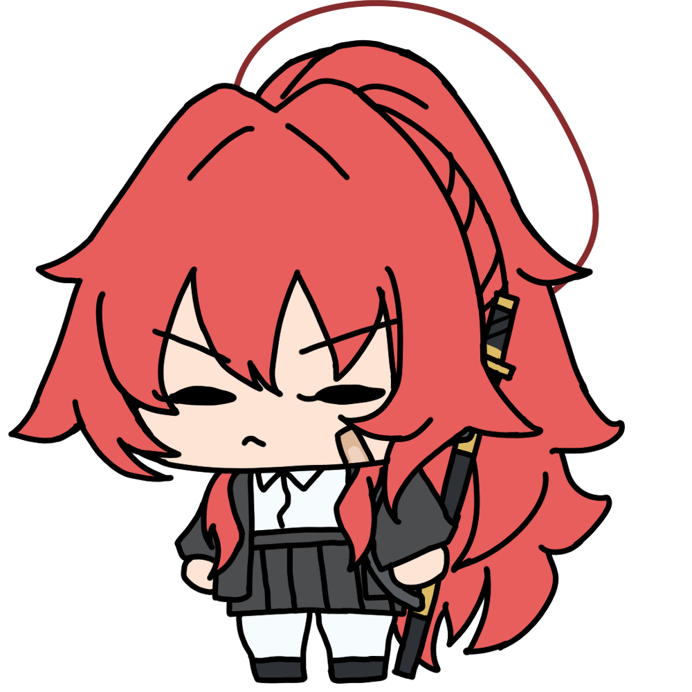 sawtatsu, ashiharatsumori koito, project kv, 1girl, bandaid, black jacket, black shoes, black skirt, chibi, closed eyes, full body, halo, jacket, katana, pantyhose, ponytail, red hair, shirt, shoes, simple background, skirt, solo, sword, weapon, white background, white pantyhose, white shirt
