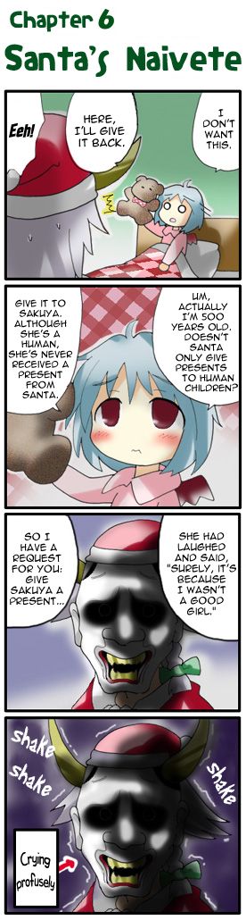 morogami ryou, izayoi sakuya, remilia scarlet, touhou, silver hair, hard-translated, long image, non-web source, tall image, third-party edit, translated, 4koma, bear, blue eyes, blue hair, blush, christmas, comic, female focus, hat, horns, mask, red eyes, ribbon, santa costume, short hair