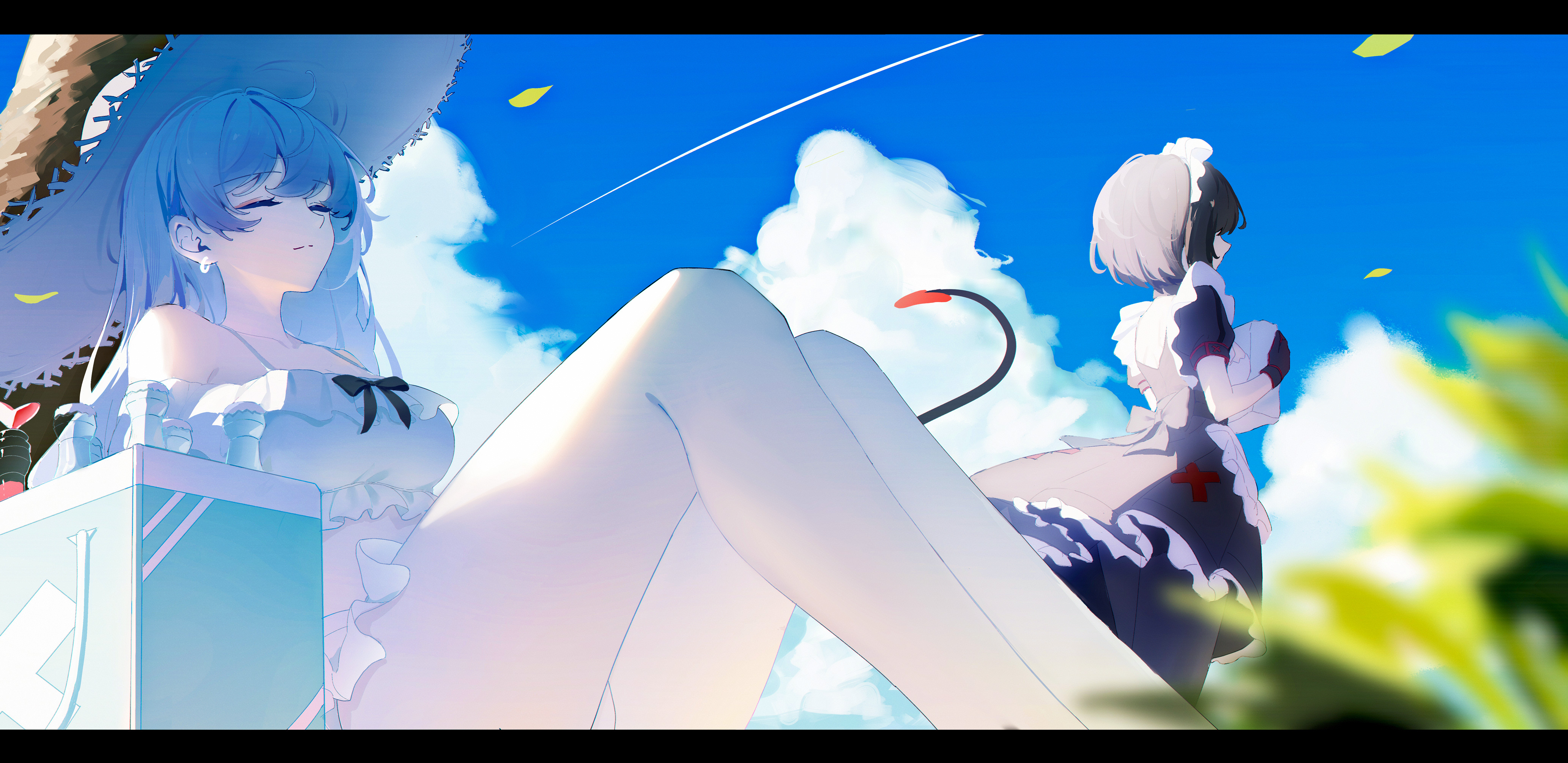 shimmer, angel girl (shimmer), black-haired demon girl (shimmer), original, absurdres, highres, 2girls, apron, bikini, black dress, black gloves, black pantyhose, blue sky, blurry, blurry foreground, bottle, breasts, cloud, day, depth of field, dress, frilled apron, frilled bikini, frills, gloves, hat, holding, knees up, letterboxed, maid, maid headdress, medium breasts, multiple girls, outdoors, pantyhose, pleated dress, puffy short sleeves, puffy sleeves, short sleeves, sitting, sky, straw hat, swimsuit, white apron, white bikini, white hat