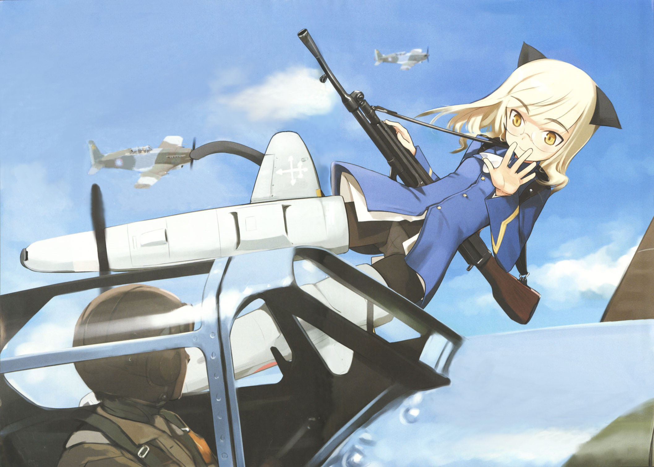 shimada fumikane, perrine h. clostermann, strike witches, world witches series, highres, scan, 00s, 1girl, aircraft, animal ears, black pantyhose, blonde hair, cat ears, cat tail, flying, glasses, gun, long hair, machine gun, panties, panties under pantyhose, pantyhose, pilot, smile, striker unit, tail, underwear, waving, weapon, white panties, yellow eyes