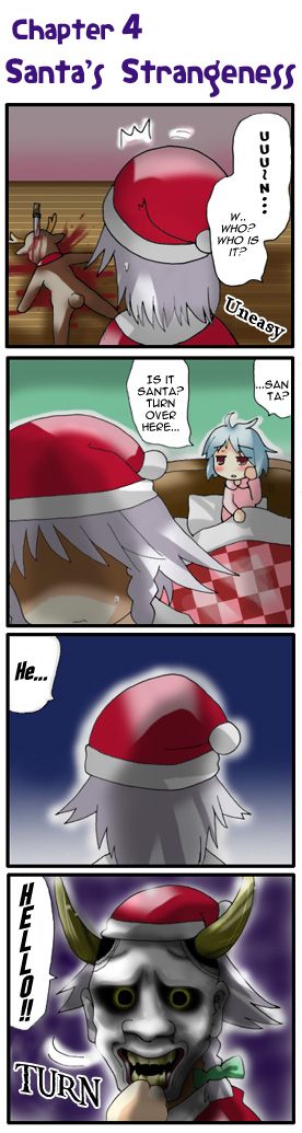 morogami ryou, hong meiling, izayoi sakuya, remilia scarlet, embodiment of scarlet devil, touhou, silver hair, hard-translated, long image, non-web source, tall image, third-party edit, translated, 3girls, 4koma, blood, blue eyes, blue hair, blush, christmas, comic, female focus, hannya, hat, horns, knife, long hair, mask, multiple girls, noh mask, red eyes, ribbon, santa costume, short hair