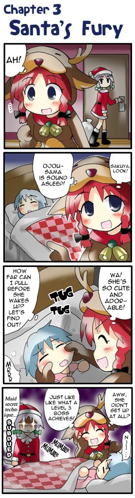 morogami ryou, hong meiling, izayoi sakuya, remilia scarlet, embodiment of scarlet devil, touhou, silver hair, hard-translated, long image, non-web source, tall image, third-party edit, translated, 4koma, bell, blue eyes, blue hair, blush, christmas, comic, female focus, hat, long hair, red hair, ribbon, santa costume, short hair