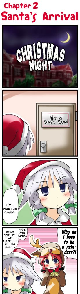 morogami ryou, hong meiling, izayoi sakuya, embodiment of scarlet devil, touhou, silver hair, hard-translated, long image, non-web source, tall image, third-party edit, translated, 4koma, bell, blue eyes, blush, christmas, comic, female focus, hat, long hair, red hair, ribbon, santa costume, short hair