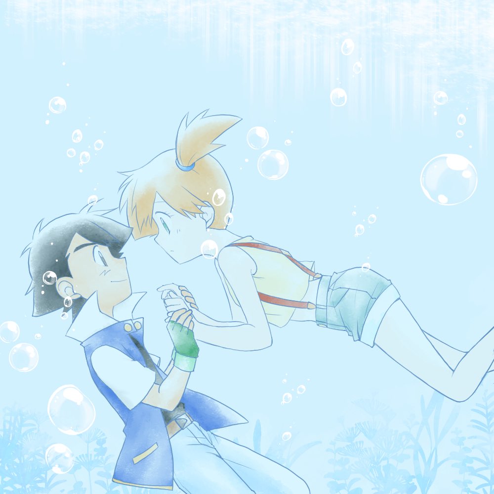 ash ketchum, misty (pokemon), nintendo, pokemon, pokemon (anime), pokemon (classic anime), pokemon rgby, 1boy, 1girl, air bubble, asymmetrical hair, belt, belt buckle, black hair, blue jacket, brown belt, bubble, buckle, closed mouth, denim, eye contact, fingerless gloves, gloves, green eyes, green gloves, gym leader, hair tie, holding hands, jacket, looking at another, minamonoyume, open clothes, open jacket, orange hair, pants, ponytail, shirt, short hair, short sleeves, shorts, side ponytail, sleeveless, smile, suspenders, underwater, yellow shirt