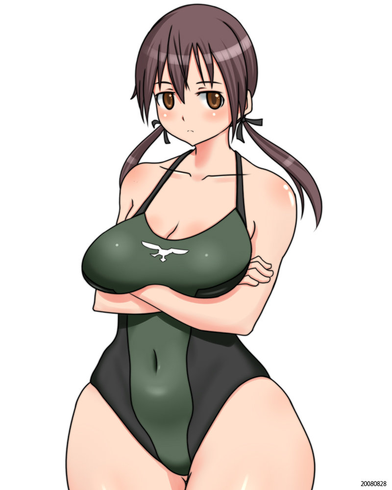 monmonism, gertrud barkhorn, strike witches, world witches series, 00s, 1girl, breast rest, breasts, brown eyes, brown hair, curvy, female focus, hip focus, large breasts, one-piece swimsuit, plump, solo, swimsuit, twintails, wide hips