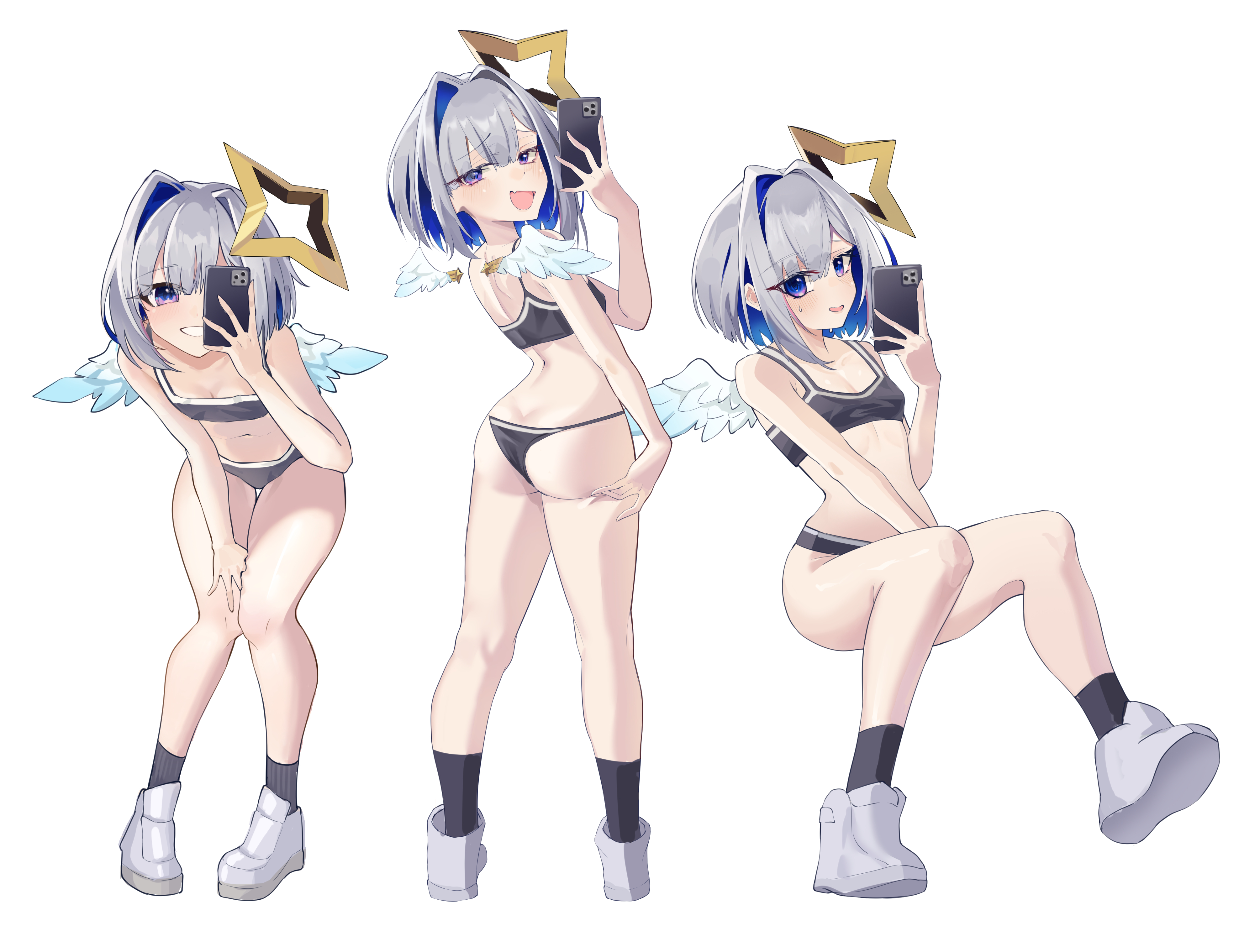 michimichi20121, amane kanata, hololive, angel, angel wings, ass, blue eyes, blue hair, breasts, cellphone, fang, full body, halo, leaning forward, looking at viewer, multicolored hair, multiple views, navel, phone, purple eyes, short hair, skin fang, small breasts, smartphone, star halo, sweatdrop, tank top, two-tone hair, white background, white hair, wings