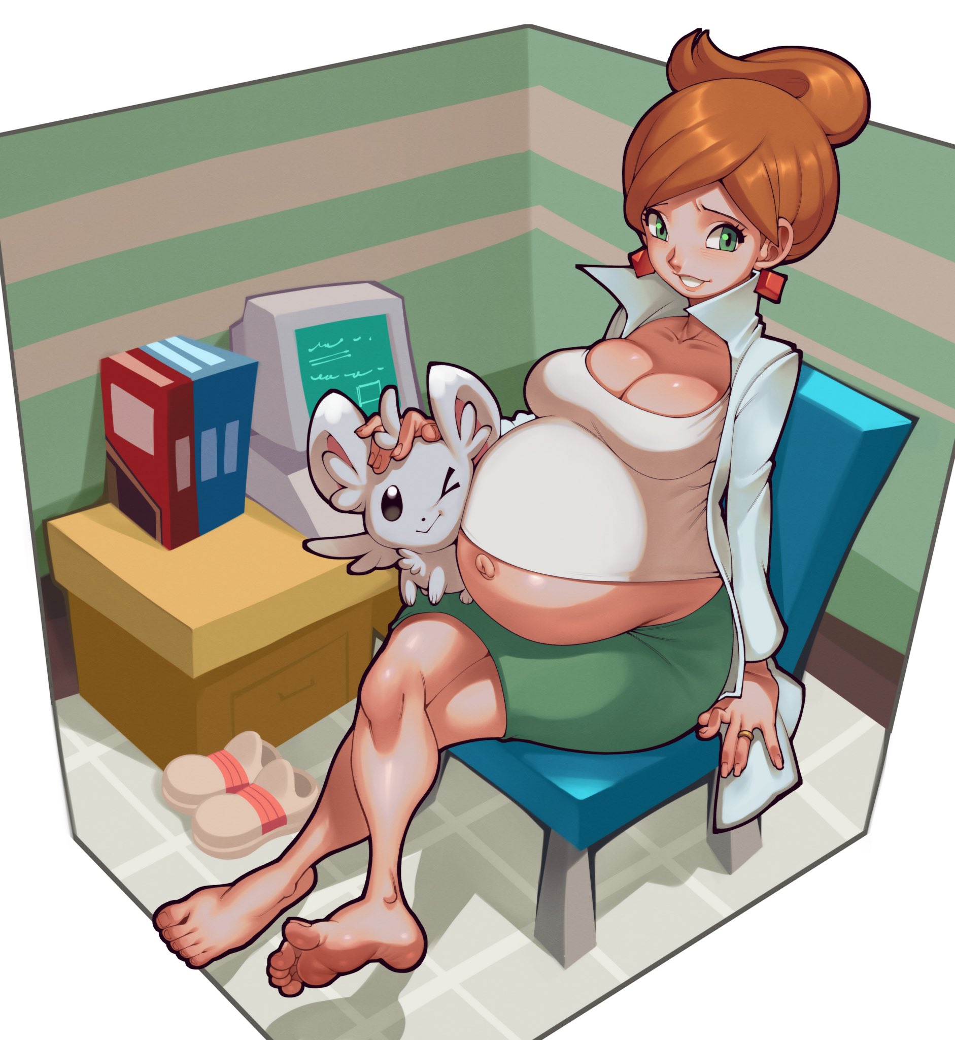 hellbrain, professor juniper, nintendo, pokemon, highres, 1girl, barefoot, breasts, cleavage, computer, crossed legs, earrings, female focus, full body, green eyes, jewelry, lab coat, large breasts, medium hair, navel, pregnant, ring, sitting, skindentation, skirt, solo, updo