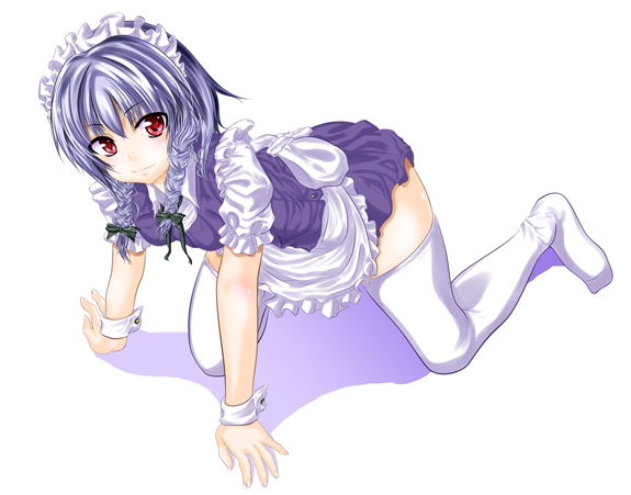 sakurai yuki (pixiv), izayoi sakuya, touhou, bad id, bad pixiv id, 1girl, all fours, braid, female focus, maid, ribbon, short hair, socks, solo, thighhighs, twintails